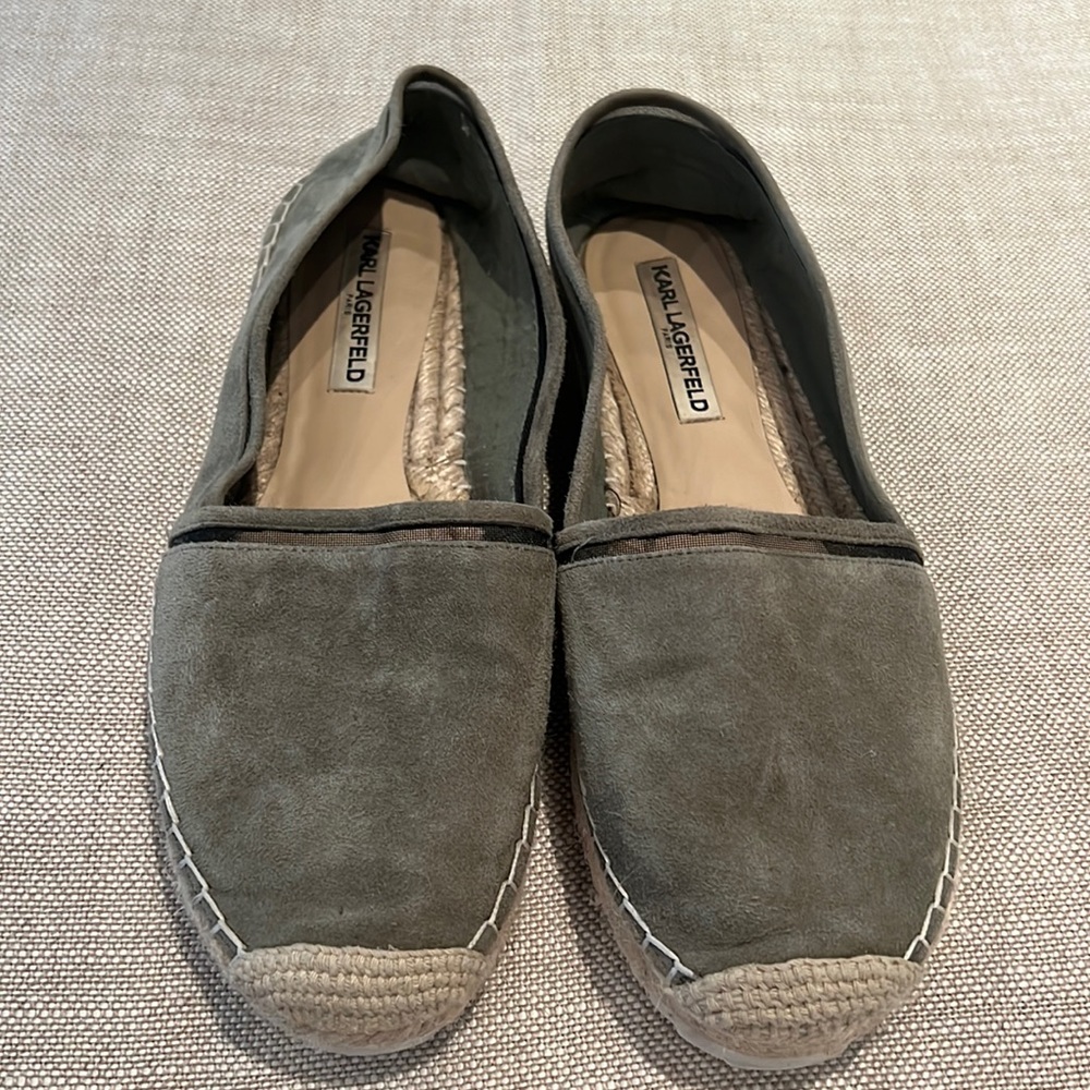 Karl Lagerfeld espadrille flats, light green suede .